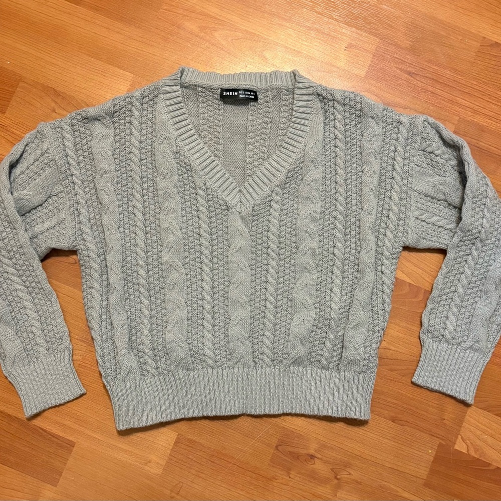 Gray Knit V-Neck Sweater